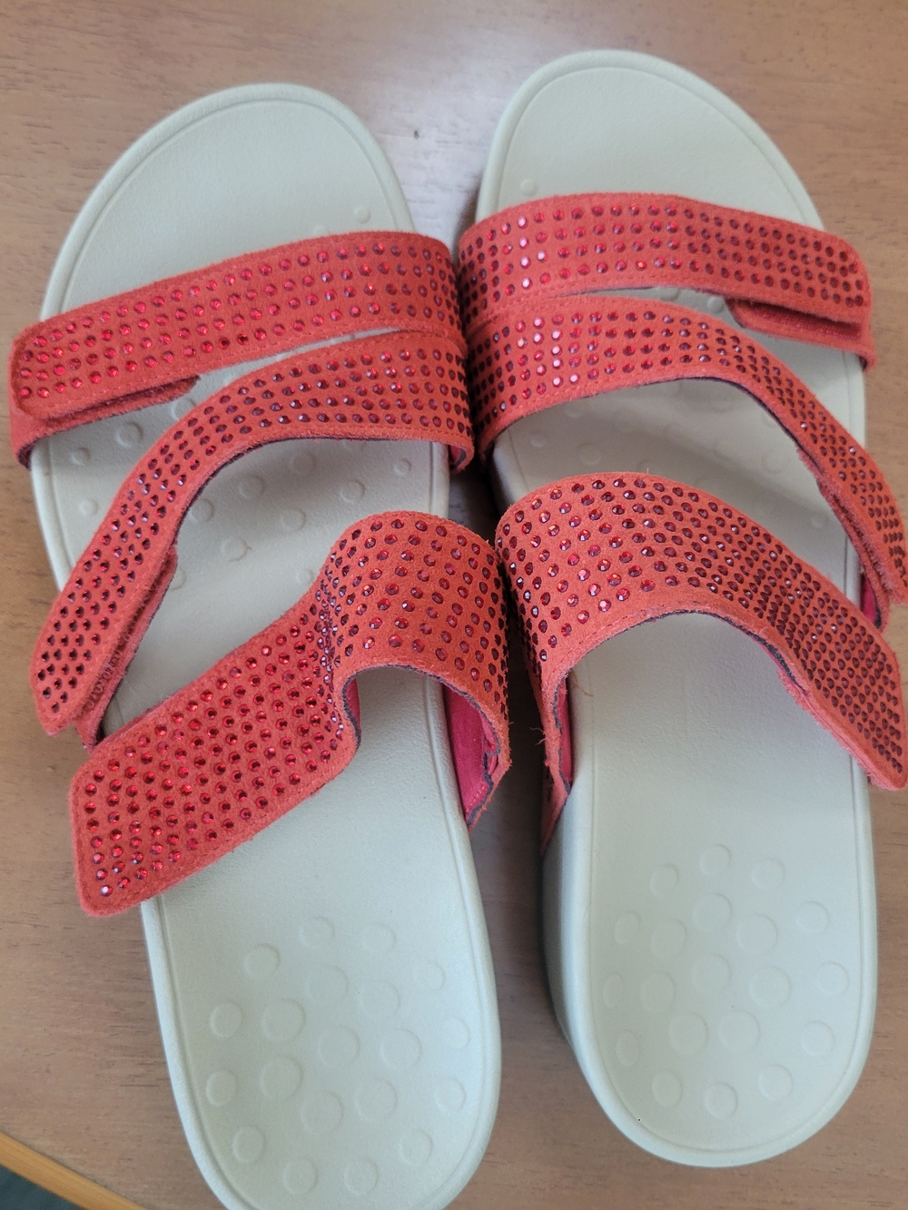 Vionic Red Triple-Strap Rhinestone Slide Sandals - Picture 5 of 5